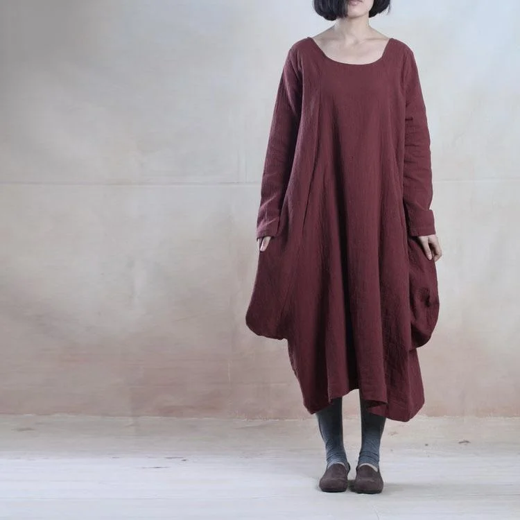 Burgundy linen maxi dress plus size baggy linen dress