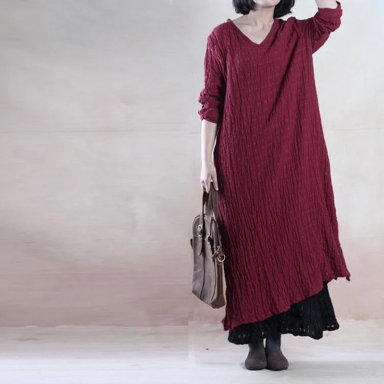 Burgundy pleated linen sundress long summer maxi dress caftan holiday gown