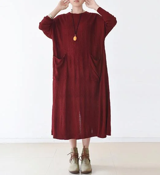 Burgundy plus size knit dresses oversize caftans free pockets in front maxi dresses