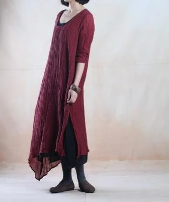 Burgundy spring linen dress layered long linen maxi dress