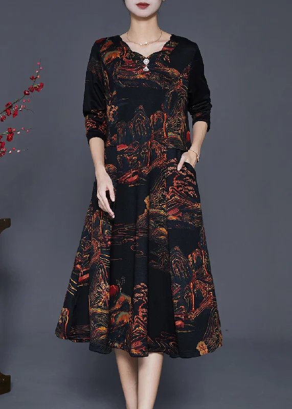 Casual Black Print Exra Large Hem Cotton Maxi Dress Fall