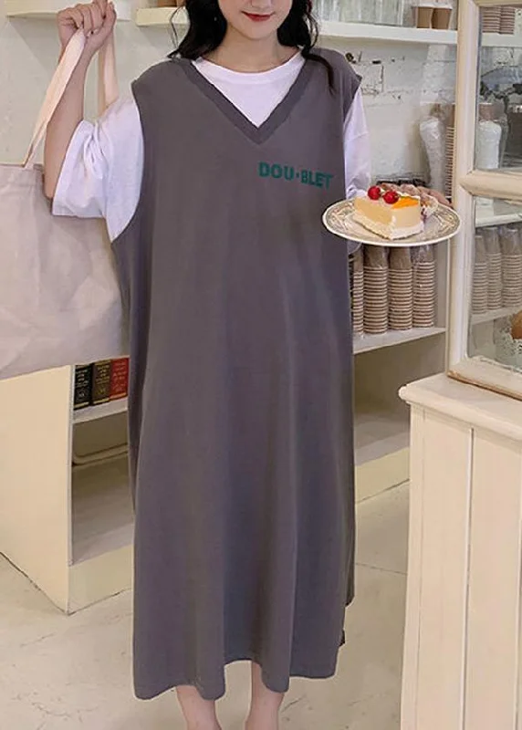 Casual Grey Graphic Cotton Short Sleeve Summer Maxi Dresses