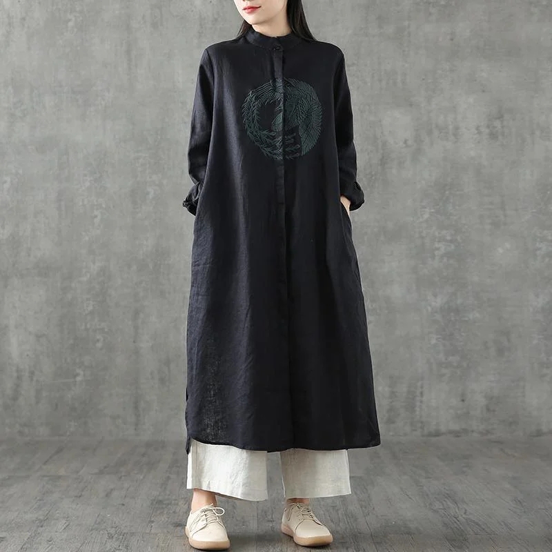 Chic black embroidery linen clothes For Women stand collar patchwork Maxi Dress