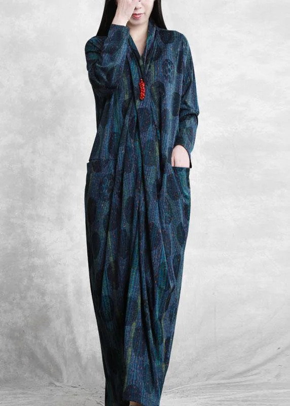 Chic Blue V Neck Pockets Fall Print Maxi Dresses Long sleeve