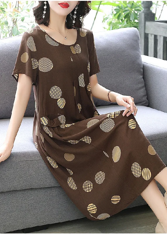 Chic Coffee Dot Cotton Linen Summer Maxi Dresses