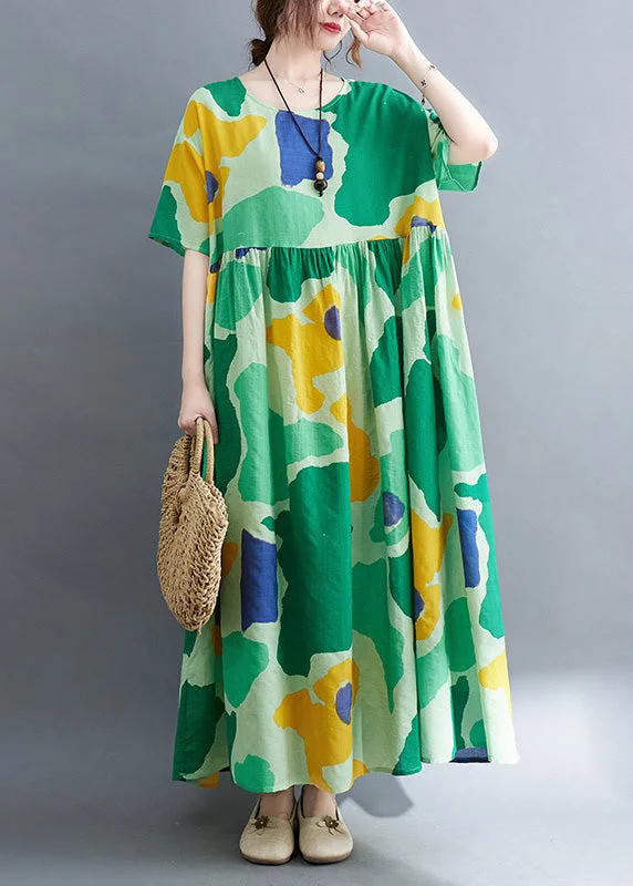 Chic Green Print Wrinkled Party Maxi Dress Summer