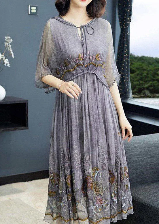 Chic Grey Embroideried Floral Neck Tie Take Two Pieces Hooded Maxi Dresses Summer