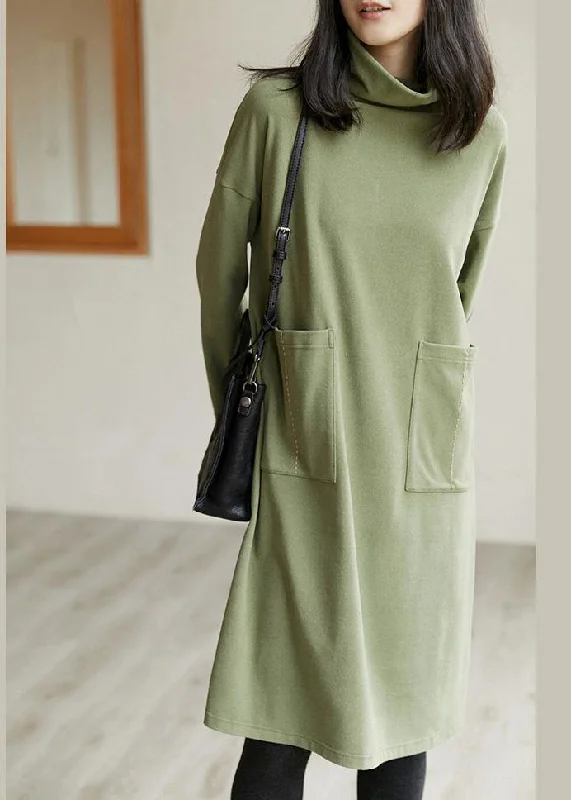 Chic High Neck Pockets Spring Clothes Women Work Outfits Green Maxi Dress