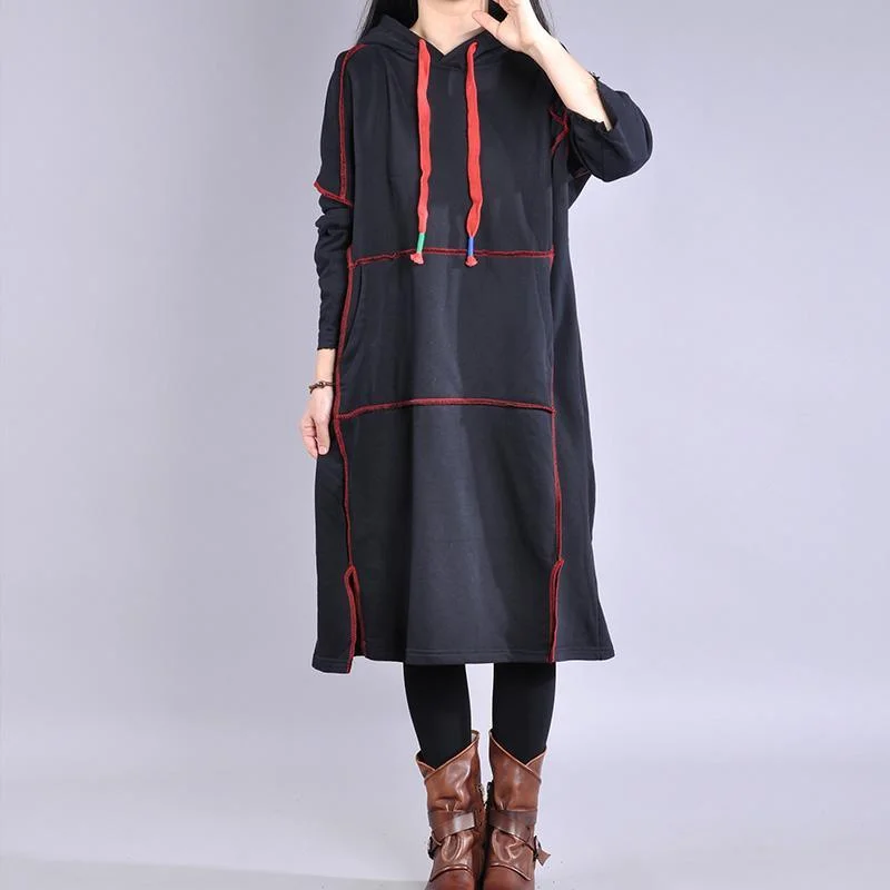 Chic hooded drawstring cotton dress Work black Maxi Dresses