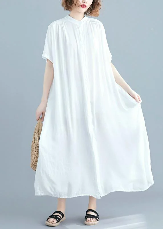 Chic Stand Collar Summer Clothes Women Work White Maxi Dresses