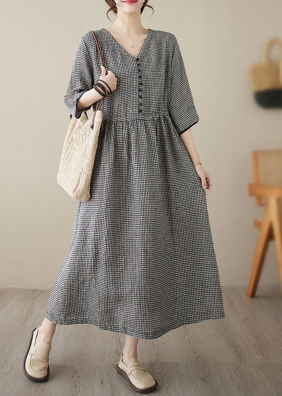 Chic V Neck Plaid Patchwork Button Linen Maxi Dress