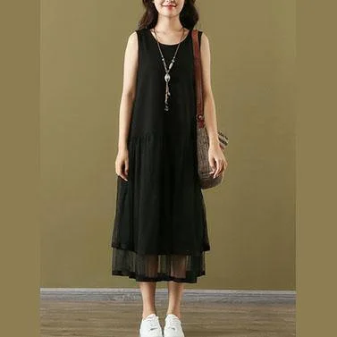 Classy o neck Sleeveless tulle cotton Tunics Neckline black Maxi Dress summer