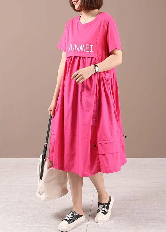 Classy Rose Wrinkled Pockets Summer Cotton Maxi Dress Short Sleeve