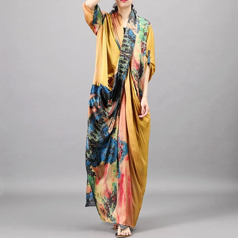 Classy v neck silk fall tunic top Shirts yellow prints Maxi Dress