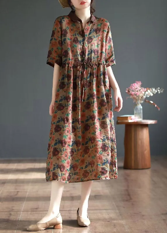 Coffee Patchwork Tie Waist Vacation Maxi Dress