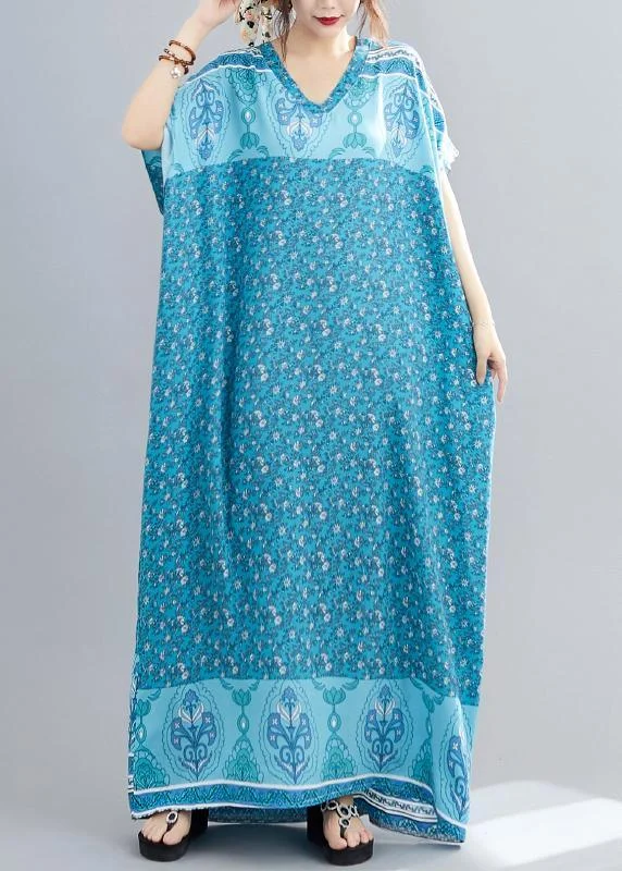 Comfy Blue Print Cotton V Neck Summer Maxi Dresses