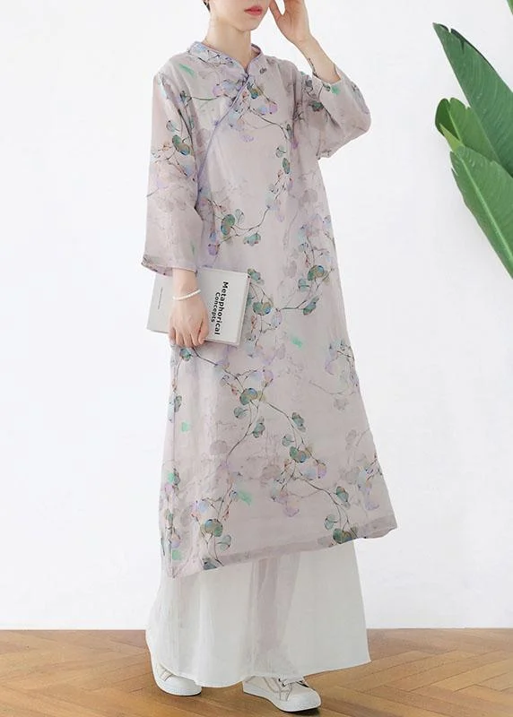 Comfy Light Purple Print Oriental Ramie Maxi Dresses Fall