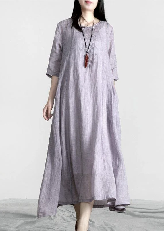 Comfy Light Purple zippered Linen O-Neck Summer Maxi Dress