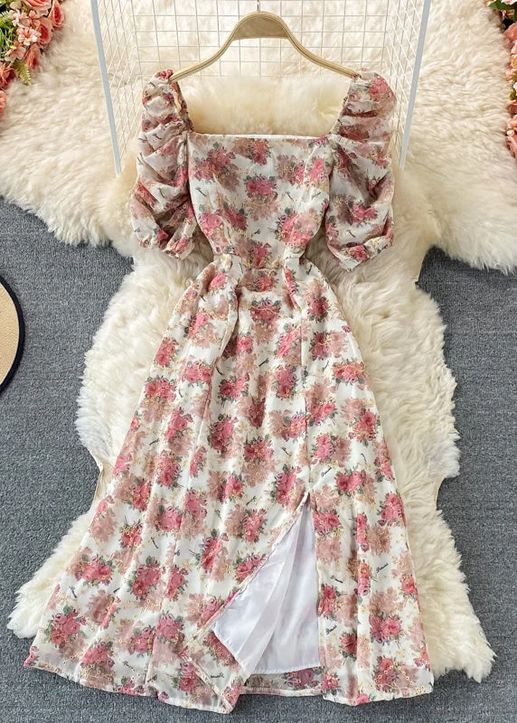 Cute Apricot Square Collar Print Tunic Chiffon Maxi Dresses Short Sleeve Elegant Pleated Maxi Dress