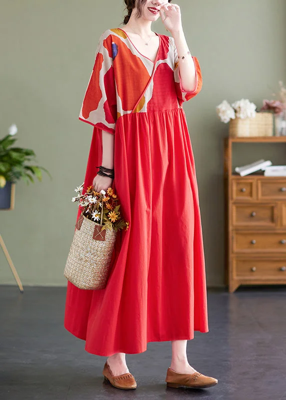 Cute Red Patchwork Print Maxi Dresses Summer