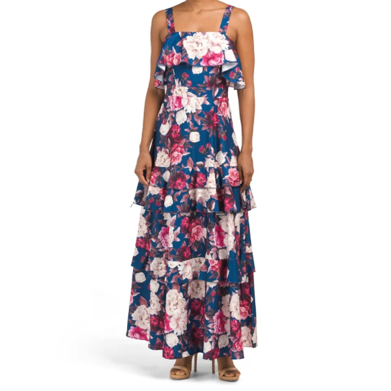 DALIA MACPHEE Women's Floral Print Ruffle Square Neck Maxi Dress