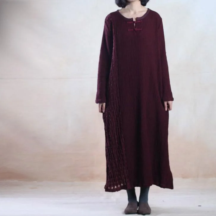 Dark burgundy pleated linen maxi dress long sleeve long dresses