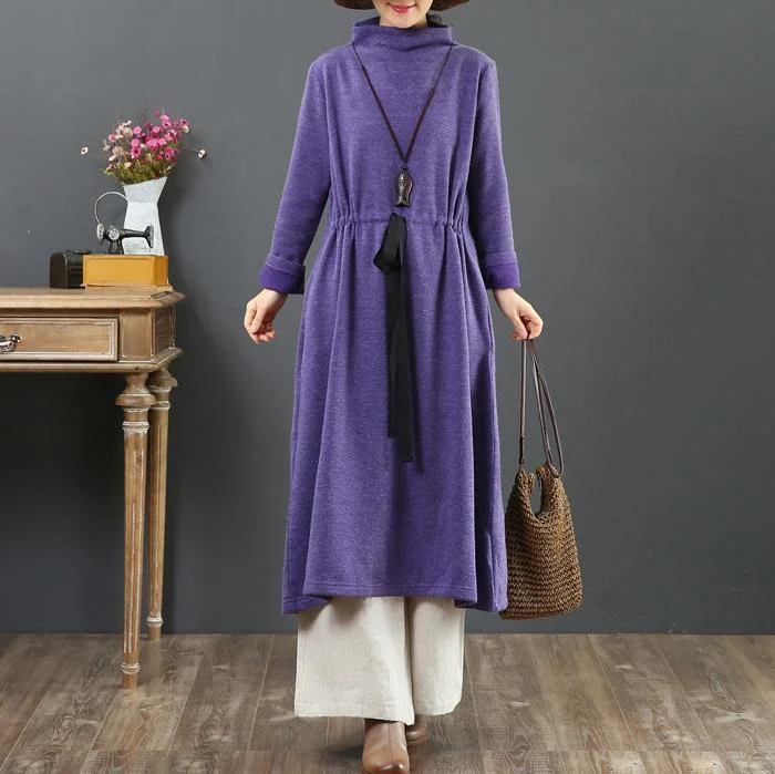 DIY drawstring cotton high neck dresses linen purple Maxi Dresses Fashionable Chiffon Maxi Dress