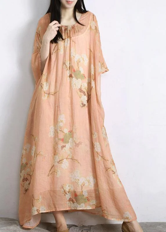 Diy Light Orange Print Linen Batwing Sleeve Summer Maxi Dresses Chic Button-Up Maxi Dress