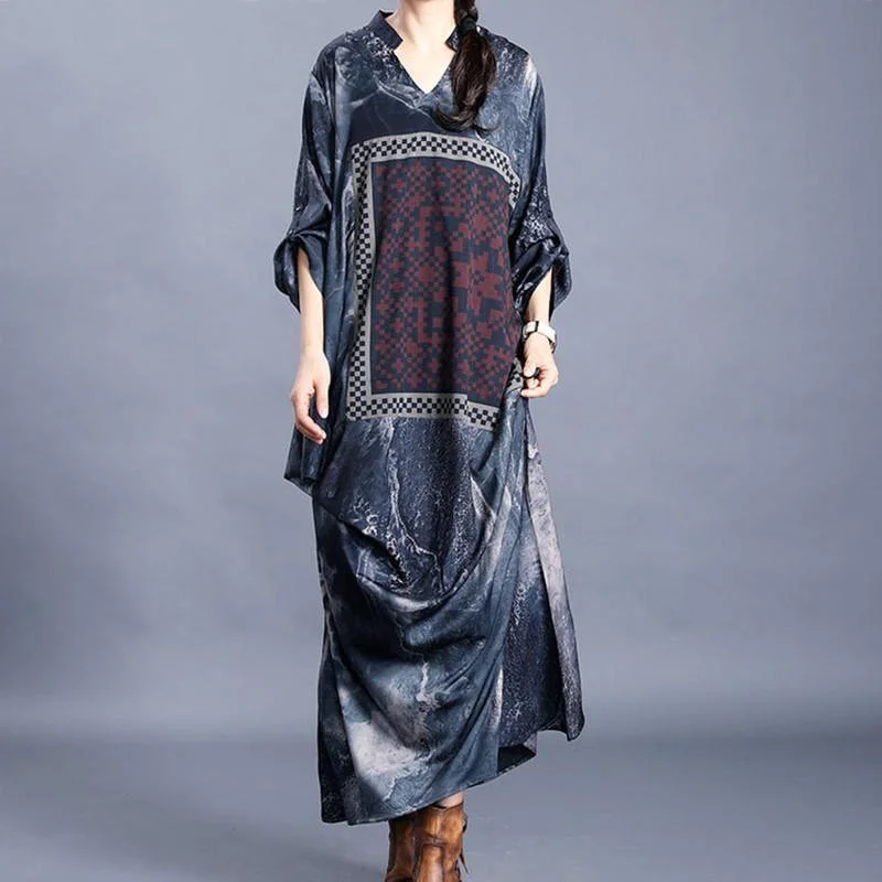 DIY v neck patchwork quilting dresses Inspiration dark gray print Maxi Dress