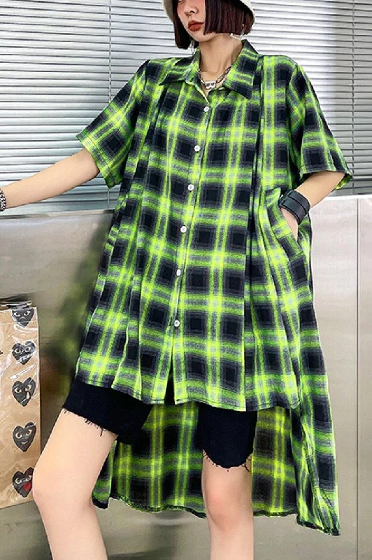 Elegant Green Plaid Cotton Buttonlow high design Summer Maxi Dresses