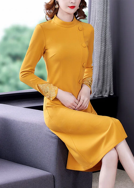 Elegant Yellow O-Neck Embroideried Button Maxi Dress Fall