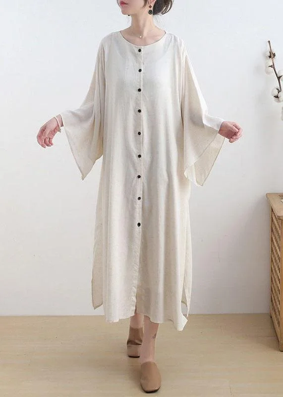 Fashion Beige O-Neck Button Maxi Dresses Fall Cotton Dress