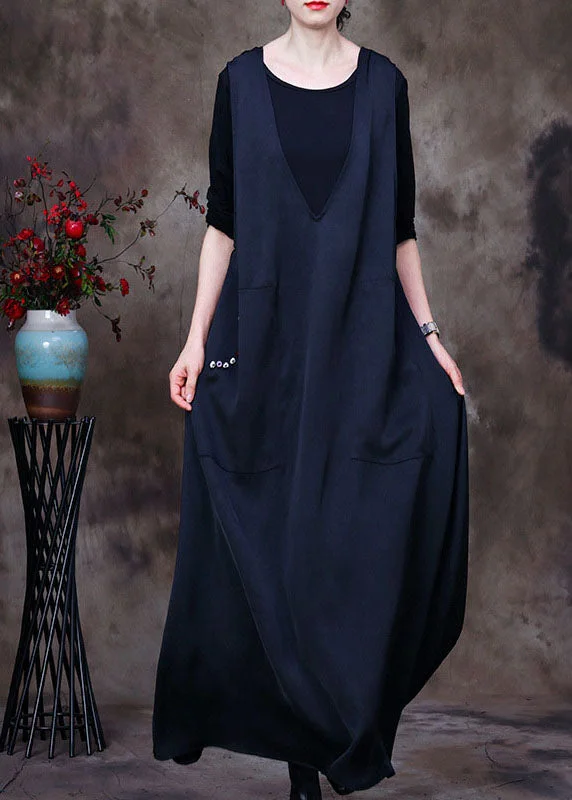 Fashion Black V Neck pockets Silk Maxi Dresses Sleeveless