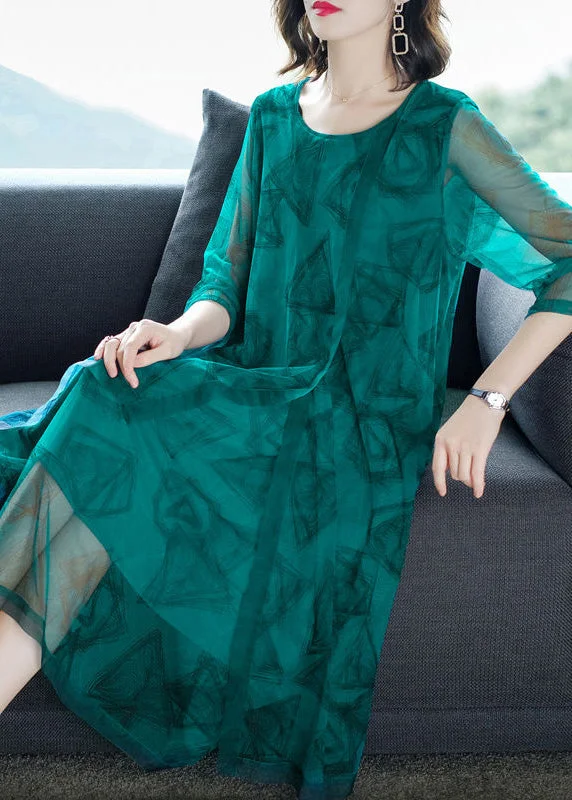 Fashion Green O-Neck Print Patchwork Tulle Maxi Dresses Summer