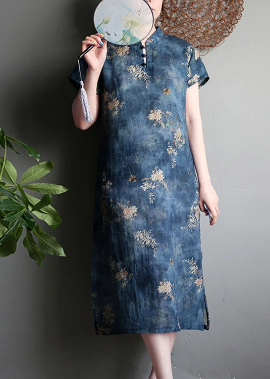 Fashion Navy Print Side Open Button Linen Maxi Dress Short Sleeve