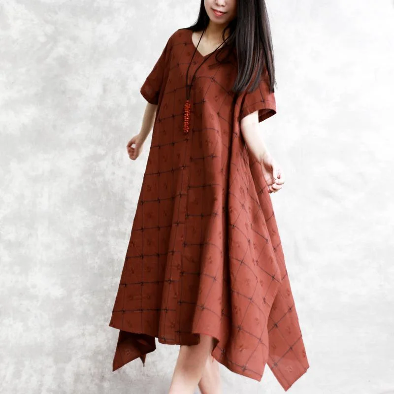 fashion red plaid linen maxi dress oversized short sleeve caftans women asymmetric hem maxi dresses