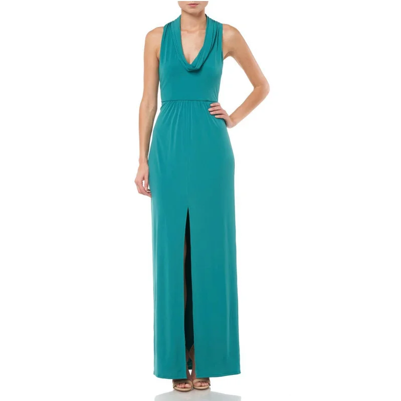 HALSTON HERITAGE Women's Draped Cowl Neck Front Slit Maxi Dress Gown