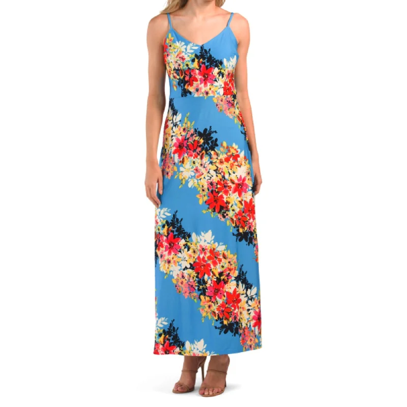 LONDON TIMES Bloom Stripe Floral Print Maxi Dress