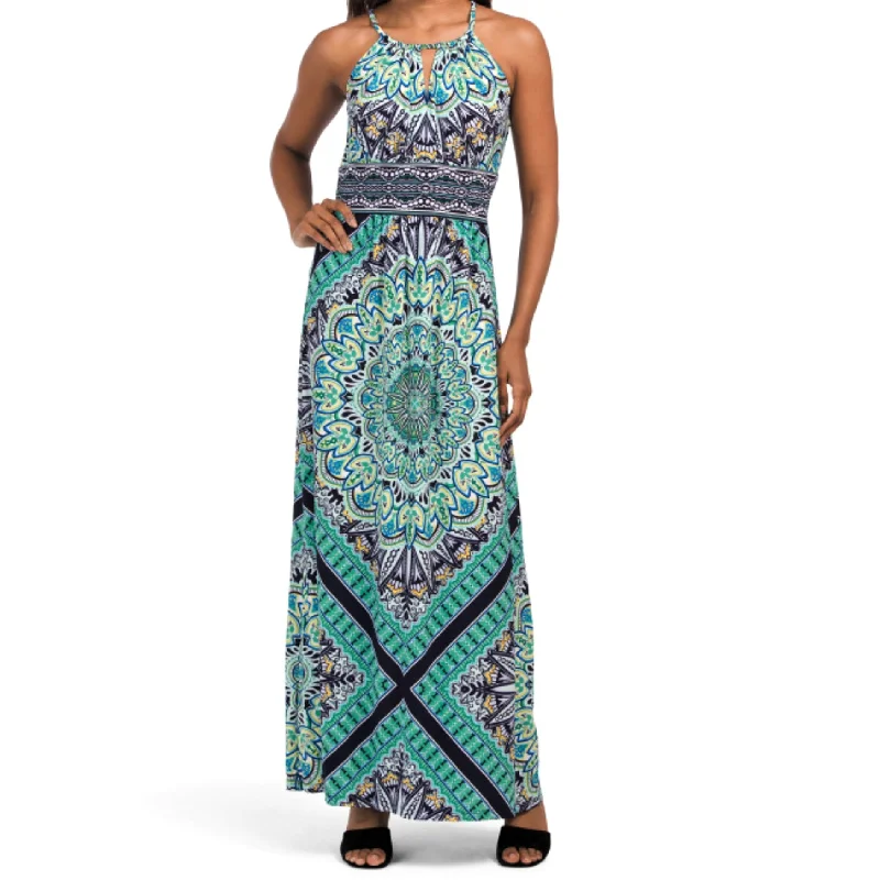 London Times Starburst Medallion Print Keyhole Halter Morris Maxi Dress