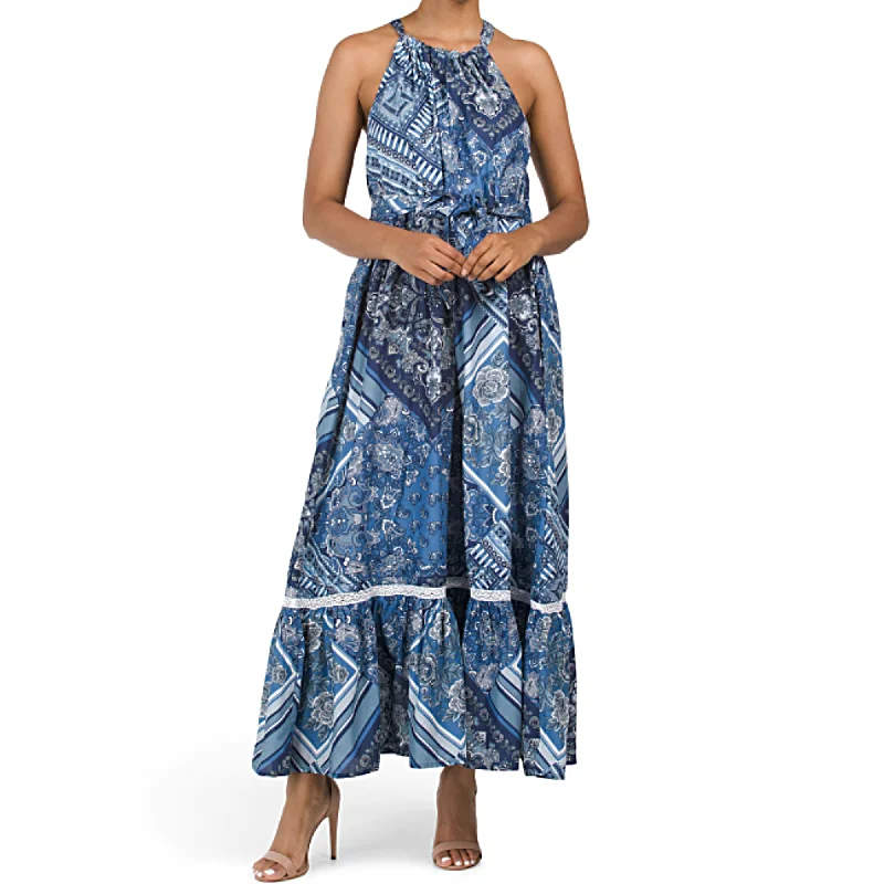 Lucky Brand Women's Halter Neck Flounce Hem Cotton Floral Summer Maxi Dress