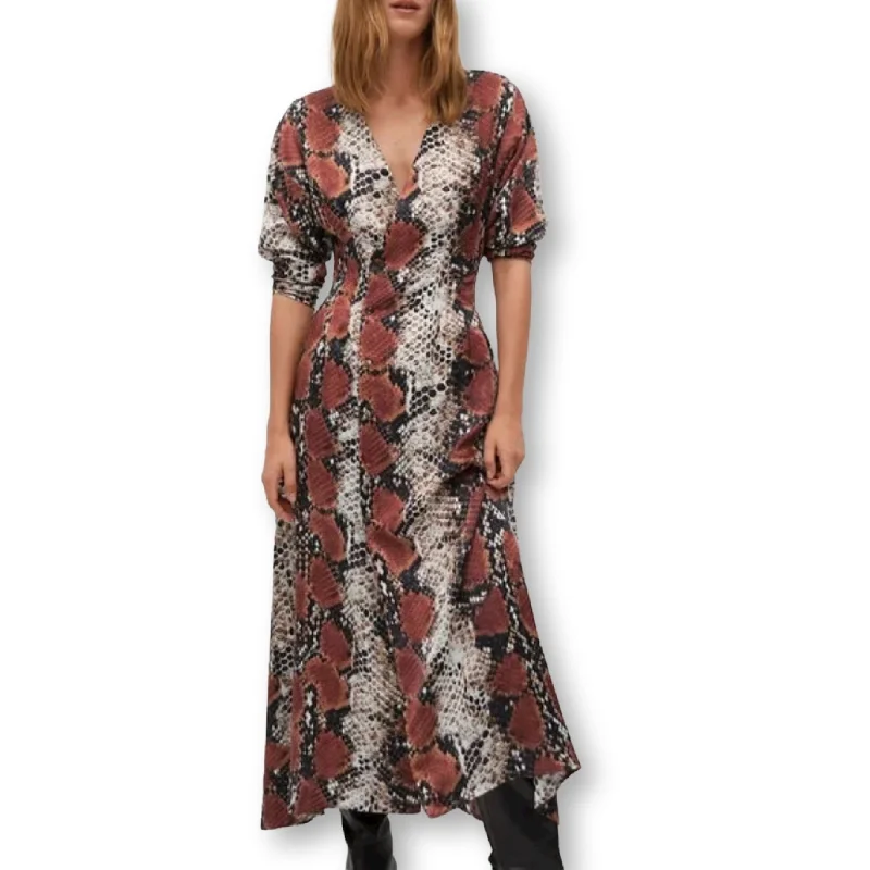 Mango Snake Print Long Sleeve V Neck Button Front Maxi Dress