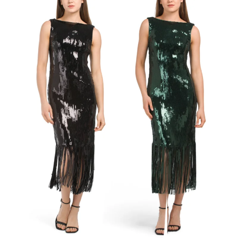 Nanette Lepore Women's Boat Neck Sequin Fringe Hem Maxi Dress