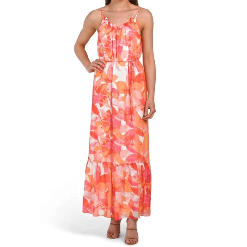 Nicole Miller Women's Floral Print Chiffon Tiered Maxi Dress