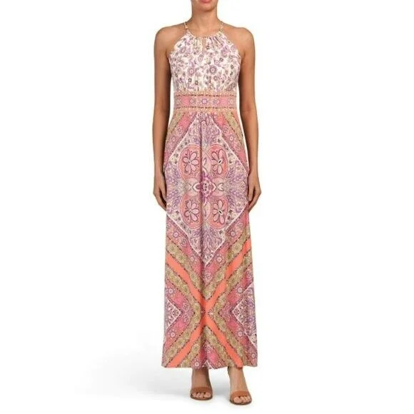 London Times Women's Halter Neck Printed Maxi Dress