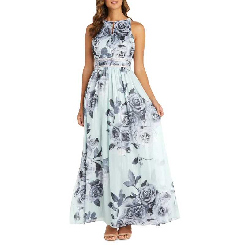 R&M RICHARDS Floral Print Rhinestone Waist Gown Maxi Dress