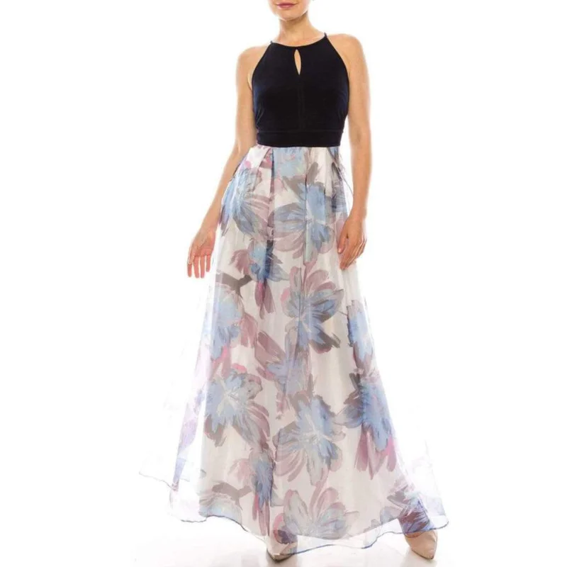 SL FASHIONS Women's Floral Print Keyhole Top Organza Skirt Gown Maxi Dress