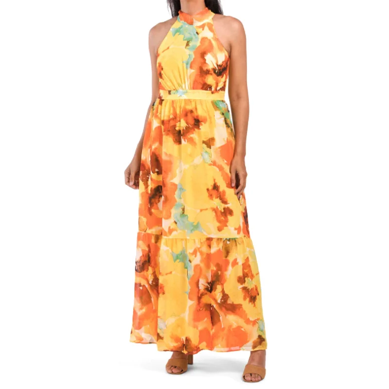 Tahari ASL Floral Print Halter Neck Tie Back Chiffon Maxi Dress