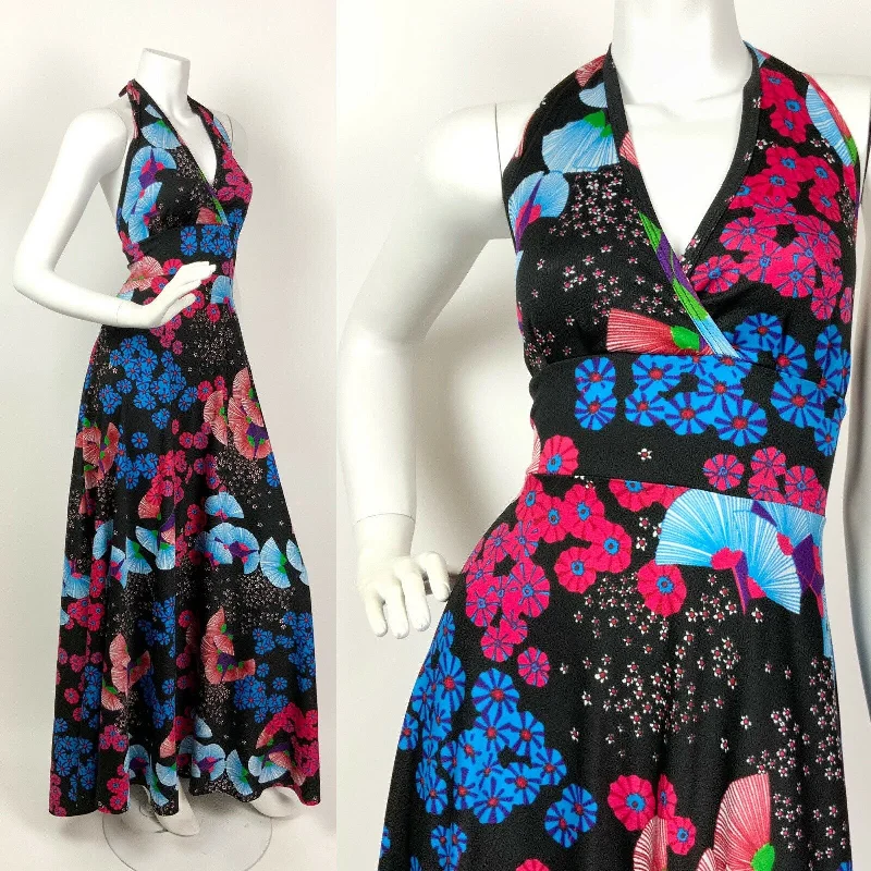 VINTAGE 60s 70s BLACK BLUE PINK JAPANESE FLORAL HALTER SUMMER MAXI DRESS 8 10