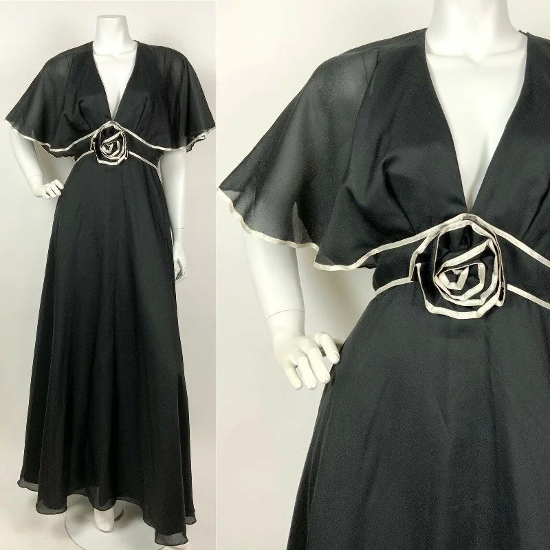 VINTAGE 60s 70s BLACK WHITE SHEER CAPE SLEEVE FLORAL ROSETTE MAXI DRESS 8 10