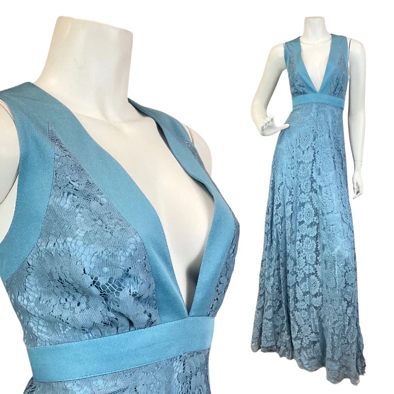 VINTAGE 60s 70s BLUE FLORAL LACE PLUNGING V-NECK SLEEVELESS MAXI DRESS GOWN 10